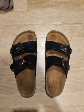 Black Velez Double Buckle Slide Sandals. Genuine Leather.